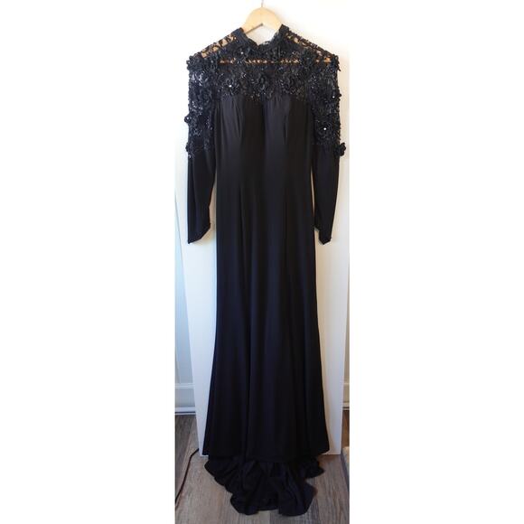 Vintage 70s Couture Dress 8 Black Lace Beaded Gown Boho Goth Whimsigoth Train - Picture 1 of 16